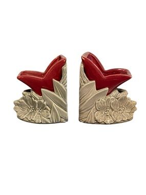 McCoy USA Vintage Ceramic Tulip Bookends Red Grey Floral Planter Set of 2 MCM